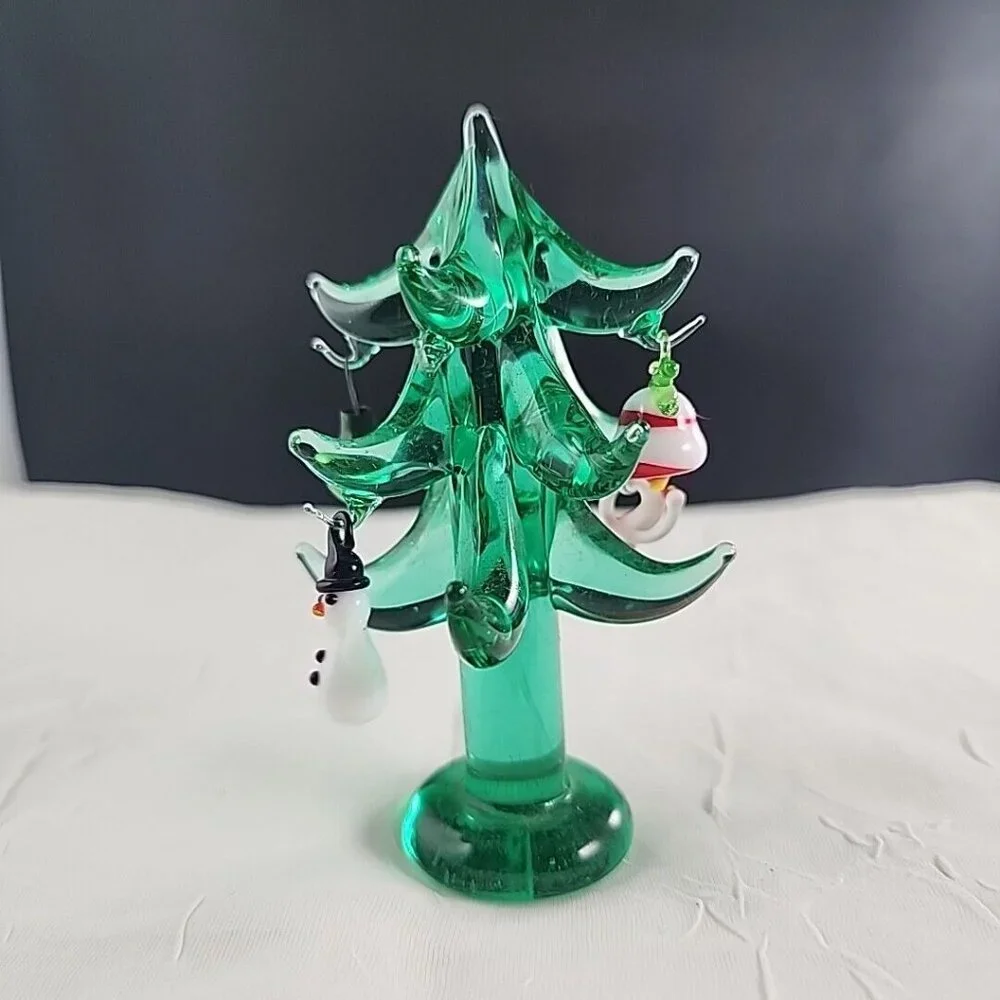 Vintage Art Glass Christmas Tree 4" with miniature ornaments green figurine deco - Picture 3 of 7